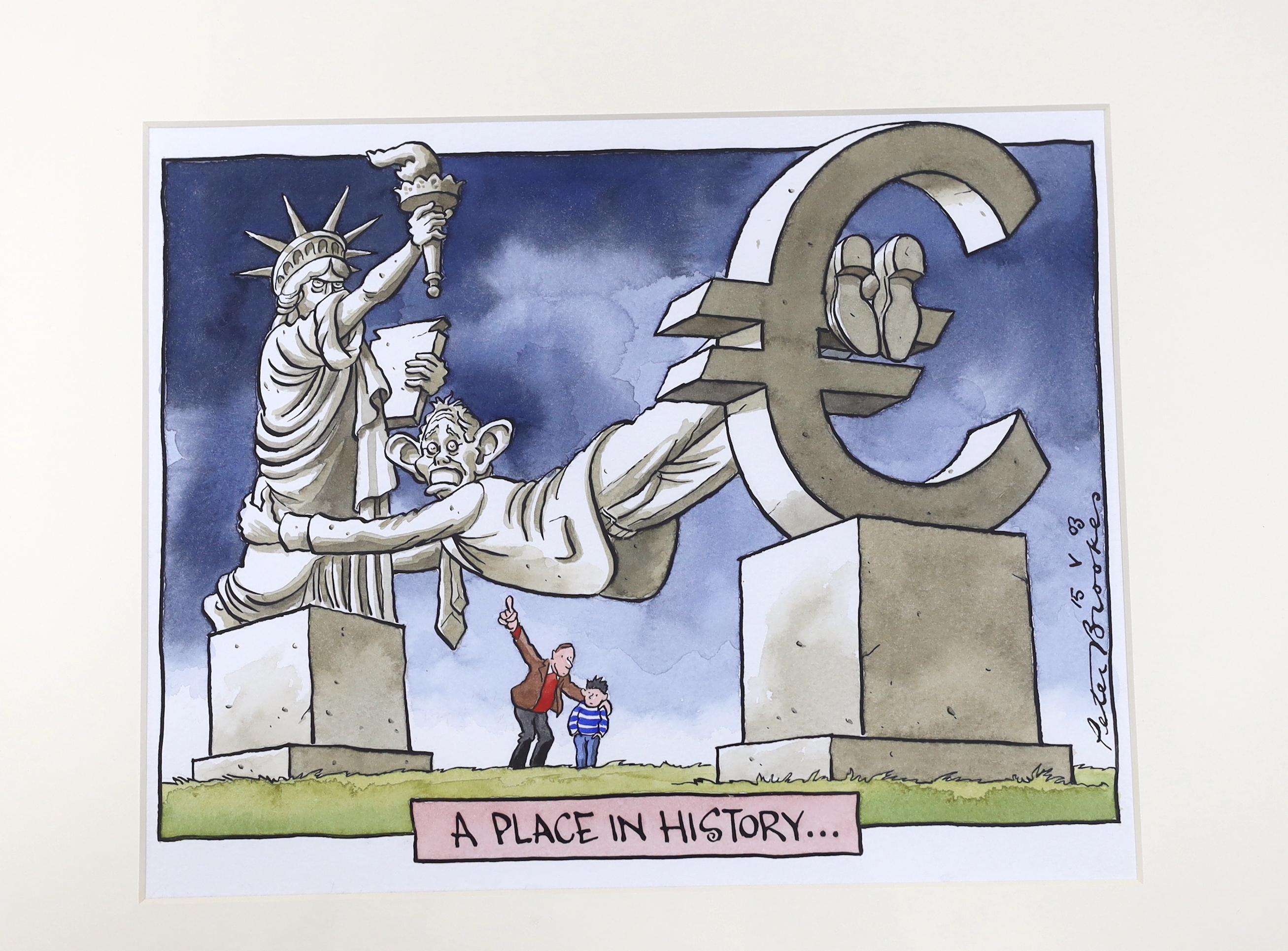 Peter Brookes (b.1943), pen, ink and watercolour satirical cartoon, 'A Place in History', signed, inscribed and dated 15 v 03, details verso, 24 x 30cm